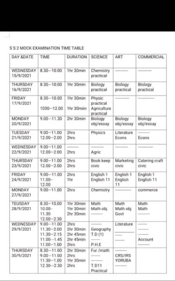 All States SS2 Mock/ Promotion Exams Timetable 2021/2022
